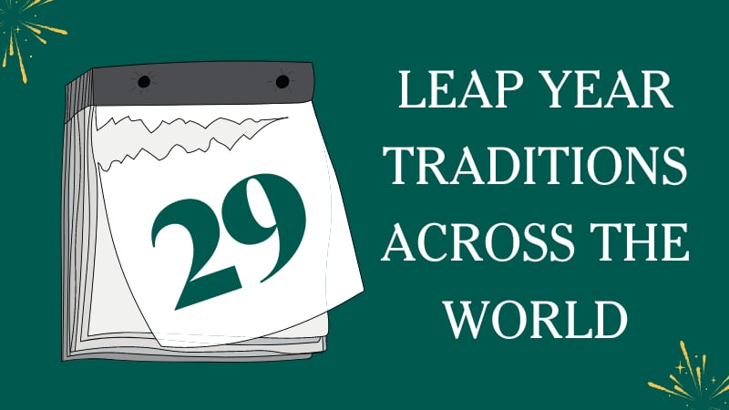 A green background with a calendar showing the number 29 on it with 'Leap year traditions across the world' written beside it in white