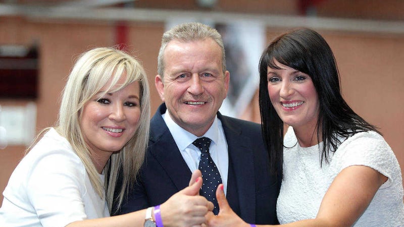 Sinn Fein's Linda Dillon, Michelle O'Neill and Ian Milne celebrate after being elected for Mid-Ulster, at the Ballymena count. Picture by Cliff Donaldson&nbsp;