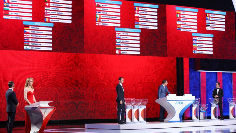 The European groups are displayed during the qualifying draw for the 2018 World Cup in Konstantin Palace in St Petersburg on Saturday<br />Picture: AP