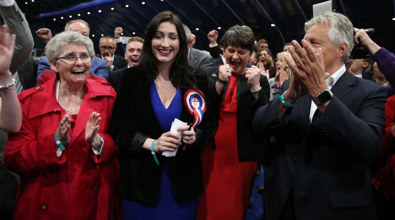 The DUP's Emma Little Pengelly is elected to South Belfast at the Titanic exhibition centre in Belfast. Picture from Niall Carson/PA Wire.