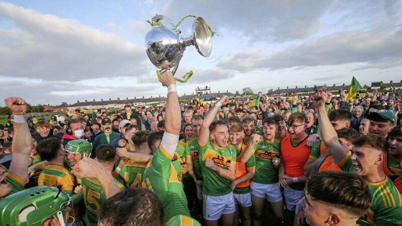 Dunloy celebrate after beating Rossa in yesterday&#39;s Antrim SHC final at Corrigan Park Picture by Mal McCann. 