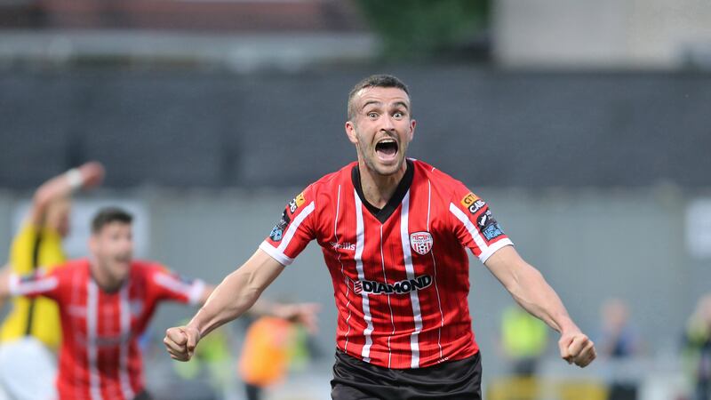 Derry City winger Michael Duffy celebrates after Cian Kavanagh’s goal sealed a 2-1 victory over KuPs Kuopio in the Europa Conference League at the Brandywell on Thursday night Picture by Margaret McLaughlin