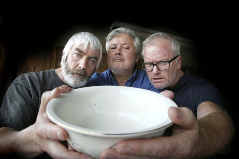 Kevin McAleet,Directer Conleth Hill and Conor Grimes at the Lyric Thaetre getting set for the opening of SPUD! which runs from the 31th Aug-14 Sept picture by Hugh Russell. 