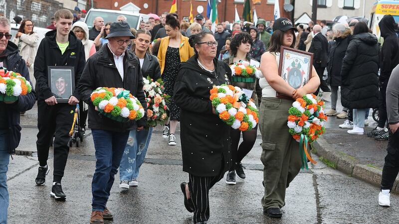 Hundreds turned out for Easter Monday's commemoration parade in the New Lodge area of north Belfast. Picture by Hugh Russell