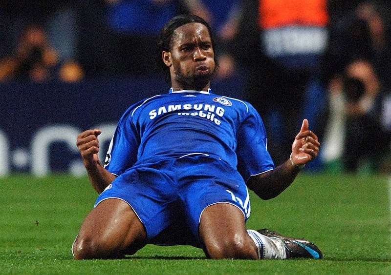 Chelsea's Didier Drogba celebrates after scoring the opening goal of the game during the Champions League second leg match against Liverpool at Stamford Bridge, London on Wednesday April 30 2008. Drogba scored twice as Chelsea won 3-2 on the night, 4-3 on aggregate to sweep into their first Champions League final. But they lost out to Manchester United in the final, going down 6-5 on penalties after a dramatic 1-1 draw. See below