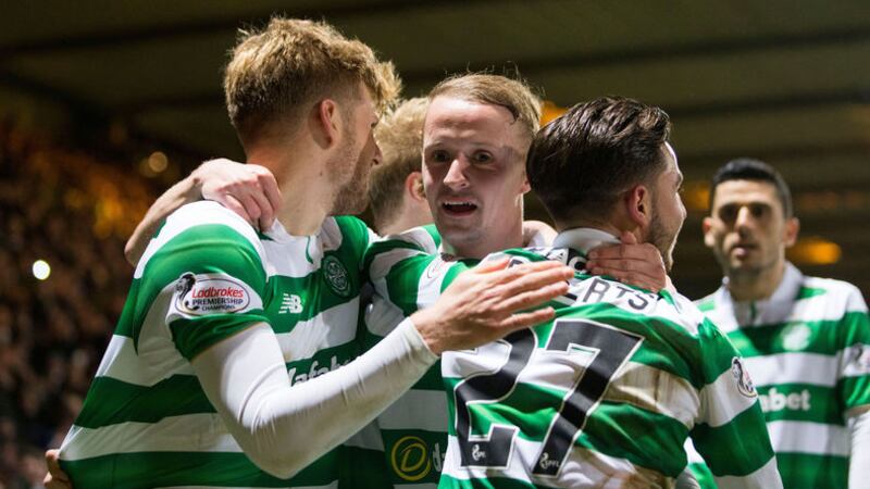 Celtic's Leigh Griffiths celebrates scoring his sides third goal of the game during the Ladbrokes Scottish Premiership match at Firhill Stadium&nbsp;
