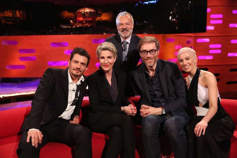 Orlando Bloom, Tamsin Greig, Stephen Merchant, and SuRie during filming for the Graham Norton Show. 
