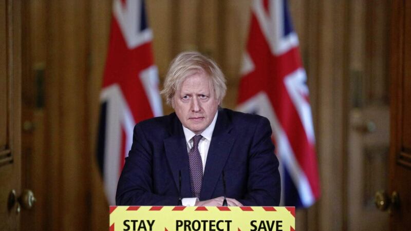 Former Prime Minister Boris Johnson during a Covid media briefing in Downing Street 