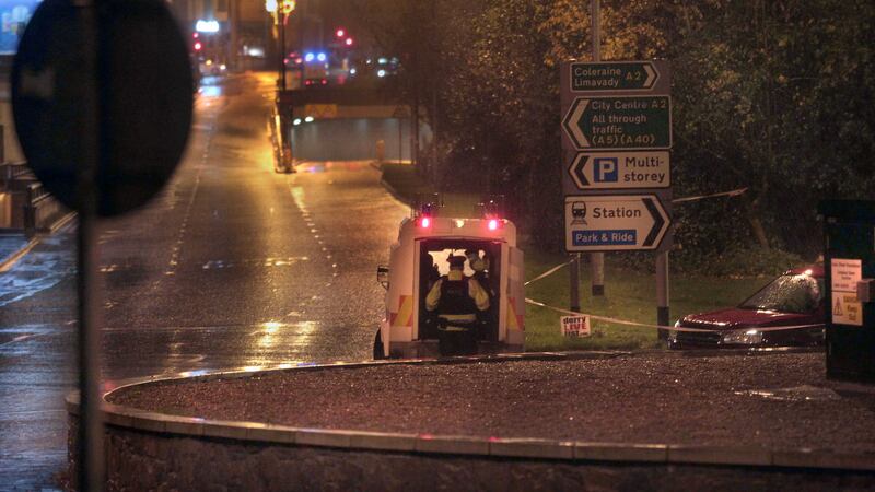 The scene in Derry on Saturday night after a number of suspect objects were reported to be left at the train station on Duke Street&nbsp;