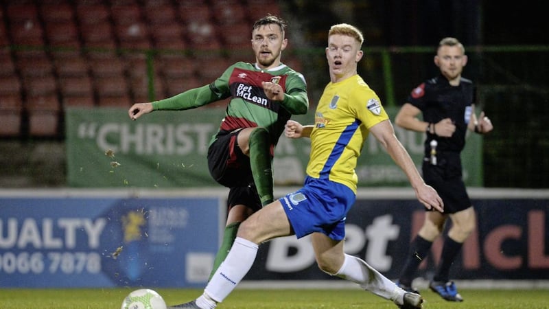 Robbie McDaid in action for Glentoran at the Oval against Ballymena United in this season's Danske Bank Premiership.<br /> Photo Colm Lenaghan/Pacemaker Press