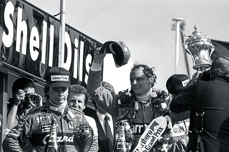 Austrian Niki Lauda celebrates victory in the British Grand Prix at Brands Hatch on July 18 1982&nbsp;