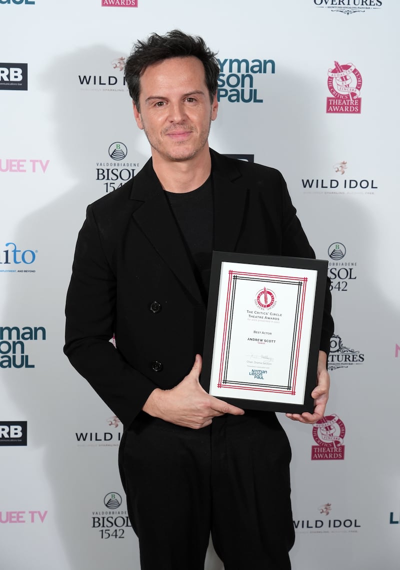 Andrew Scott with his Best Actor award at the annual UK Critics’ Circle Theatre Awards