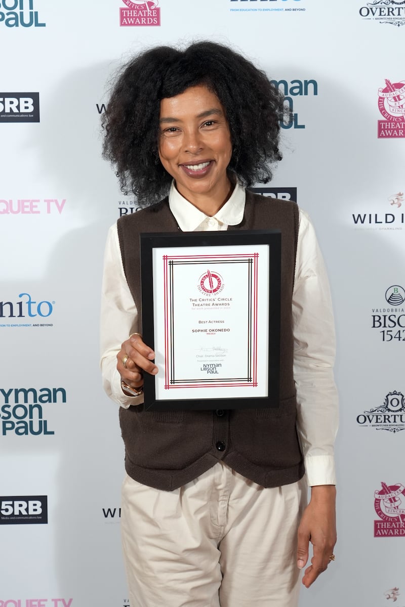 Sophie Okonedo with her Best Actress award at the annual UK Critics’ Circle Theatre Awards