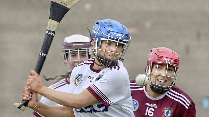 Slaughtneil Clare McGrath with Maeve McGillian of Ballinascreen during the Derry Senior Camogie Final played at Bellaghy on Saturday 25th September 2021. Slaughtneil win 7th in a row. Picture Margaret McLaughlin. 
