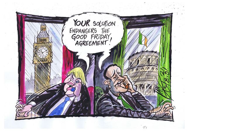 Ian Knox cartoon 21/8/19:&nbsp;<span style="font-family: &quot;Helvetica Neue&quot;, Helvetica, Arial, sans-serif; ">Boris's line during his hour long phone conversation with Leo Varadkar, appears to have been scripted by the DUP</span>