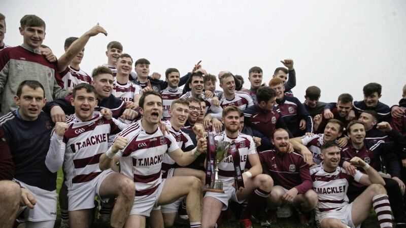 The Slaughtneil players celebrate after yesterday&#39;s Ulster club SHC final victory over Ballycran at Belfast&#39;s Corrigan Park. Picture by Hugh Russell 