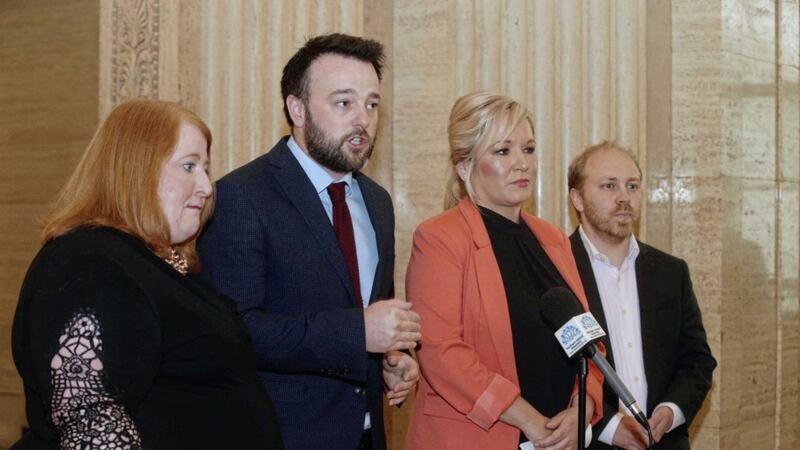 Naomi Long, Colum Eastwood, Michelle O&#39;Neill and Steven Agnew at Parliament Buildings yesterday. Picture by Hugh Russell 
