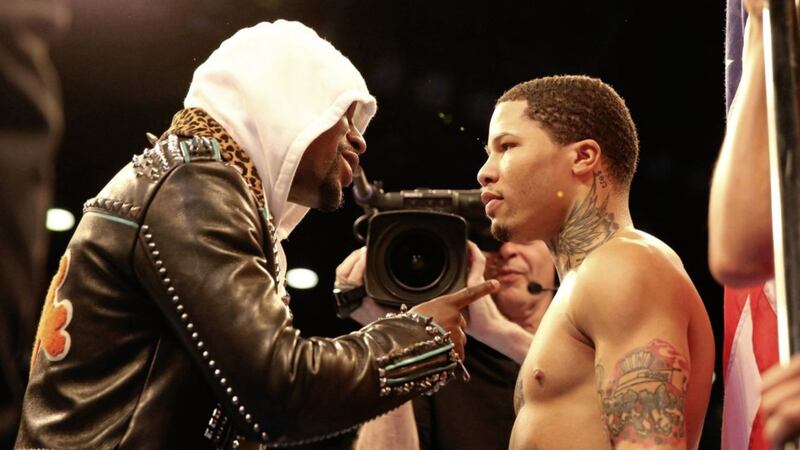 Gervonta Davis receives some words of wisdom from mentor Floyd Mayweather jr before his 2017 victory over England&#39;s Liam Walsh in London. Picture by PA 