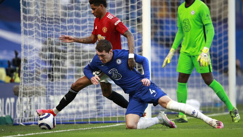 Manchester United's Marcus Rashford and Chelsea's Andreas Christensen battle for the ball during Sunday's Premier League game at Stamford Bridge<br />Picture by PA&nbsp;