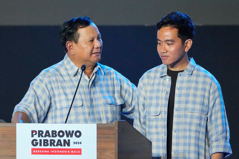Mr Subianto’s running mate Gibran Rakabuming Raka is the eldest son of current President Joko Widodo (AP)