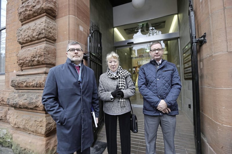 Mark Thompson RFJ left on the way into meet Simon Coveney with some of the victims families Maureen Rafferty and Mark Kelly.picture by Hugh Russell. 