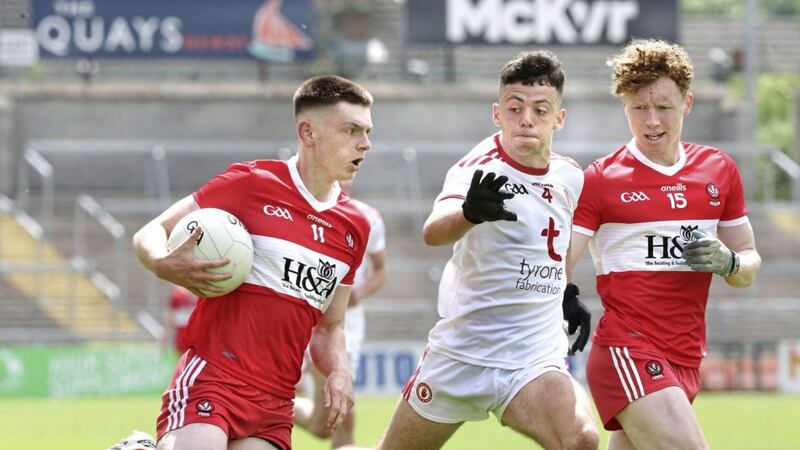 Derry Matthew Downey 11 and Niall O&#39;Donnell with Michael Rafferty of Tyrone during the Ulster Minor Football Championship semi-final 2020 at the Athletic Grounds, Armagh on Saturday 26th June 2021. Picture Margaret McLaughlin. 