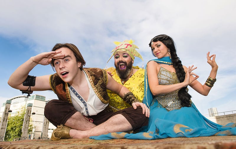 Gavin Peden as Aladdin, Ross Anderson-Doherty as Widow Twankey and Joelene O'Hara as Jasmine in the Waterfront's pantomime this Christmas&nbsp;