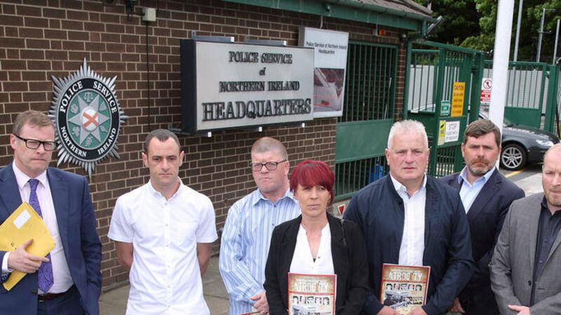 Relatives for Justice - Kevin Winters, David Kennedy, Danny Doherty, Marie Sykes, Thomas Duffin, Mark Thompson and Billy McManus - before their meeting with the Chief Constable.  Picture by Cliff Donaldson 
