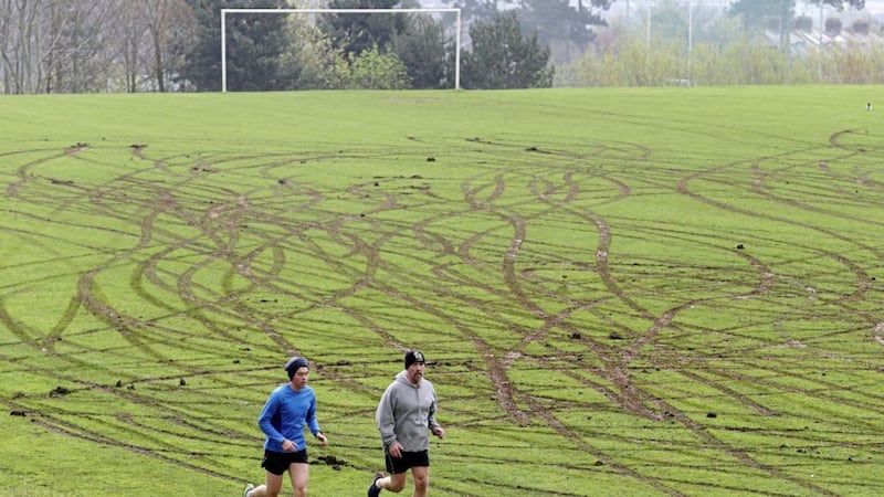 Damage caused to a football pitch at Falls Park. Picture by Mal McCann. 