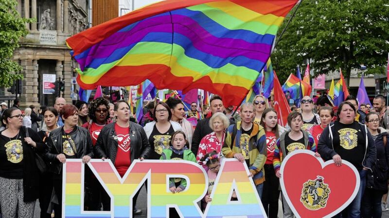 Lyra McKee&#39;s partner Sara, friends and family lead the march and rally calling for marriage equality Picture by Mal McCann 