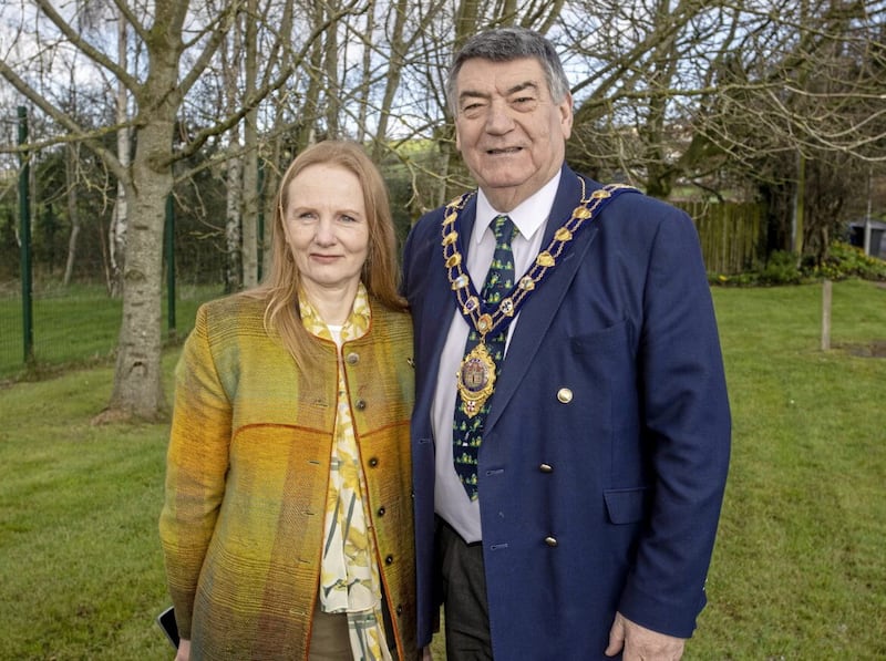 Noel Williams, mayor of Mid and East Antrim and author Martina Devlin pictured in Islandmagee where a plaque commemorating nine people convicted of witchcraft more than 300 years ago was unveiled. Picture by McAuley Multimedia 