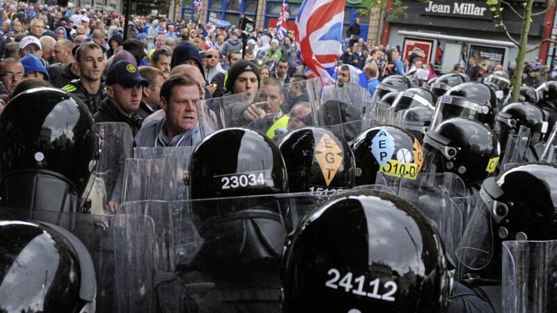 Loyalists protesters clash with police at Royal Avenue in Belfast city centre in 2013 