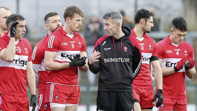 Derry manager Rory Gallagher speaks with Brendan Rogers before taking on Meath during the NFL match played at Owenbeg earlier in February. Picture Margaret McLaughlin 