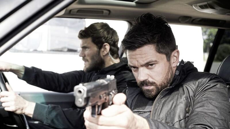 Austin Stowell as Hank and Dominic Cooper as John Stratton in Stratton 