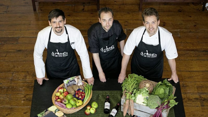 Sean Farnan of The Moody Boar, Mark McConville of Uluru and Gareth Reid of 4Vicars help launch Armagh&rsquo;s Food and Cider Festival, which returns this week, September 21-24. For more see armagh.co.uk/foodandcider 