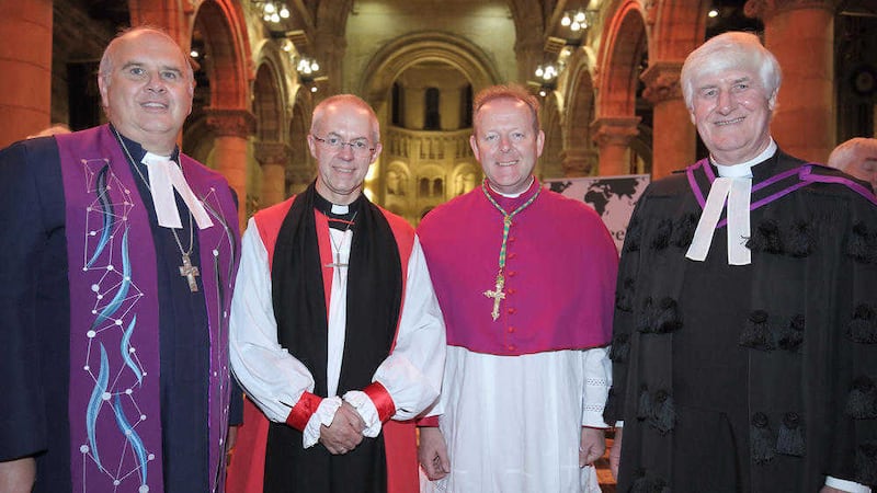 Rev Brian Anderson (Methodist Church), Archbishop of Canterbury Justin Welby, Catholic Primate Archbishop Eamon Martin and Ken Newell of the Presbyterian Church in Ireland at St Anne&#39;s Cathedral in Belfast yesterday Picture: Cliff Donaldson 