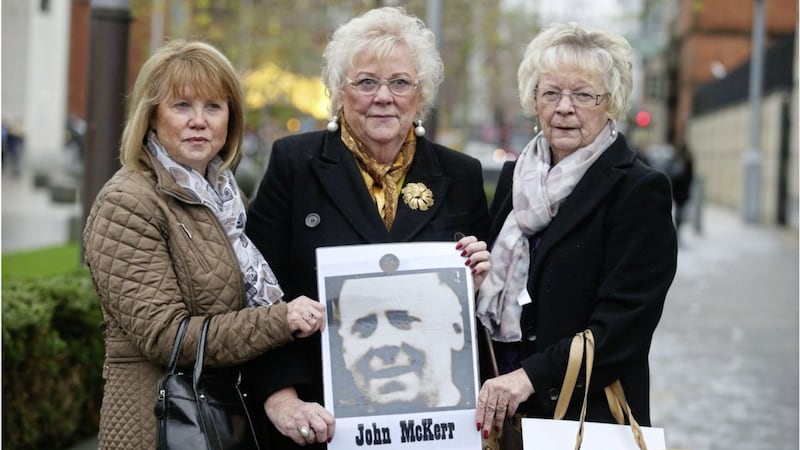 John McKerr&#39;s daughters Agnes Bond, Anne Ferguson and Maureen McKerr attend the first day of evidence into their father&#39;s death 