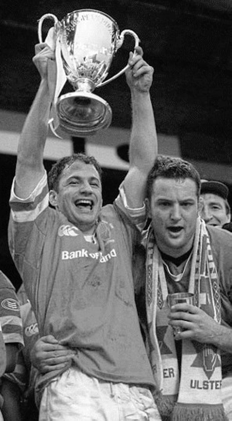 CUP OF JOY...(Right) David Humphreys holds aloft the European Cup at Lansdowne Road on Saturday to begin the Ulster&rsquo;s victory celebrations 