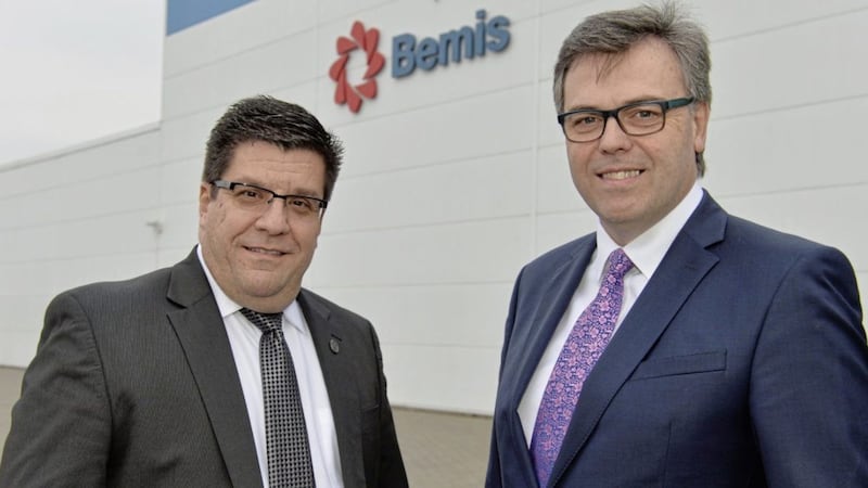JOBS: Bemis Company&rsquo;s Marty Scaminaci, left, with Invest NI chief executive Alastair Hamilton 