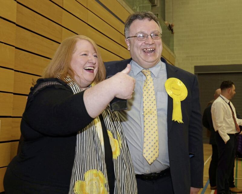 Stephen Farry with Alliance leader Naomi long after he was elected MP for North Down. Picture by Laura Davison, Pacemaker Press 