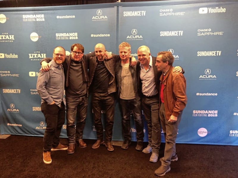 Members of the Gaza team (includingBrendan Byrne, second left, and executive producer Trevor Birney, left) at the Sundance Film Festival 
