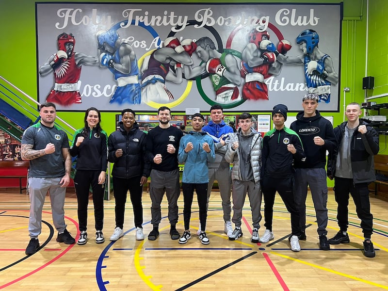 West Belfast club Holy Trinity entered 10 boxers in the Irish elite championships. Pictured are, from left, Davy McDonagh, Gemma McDonnell, Mosa Kambule, Karl McCrystal, Clepson dos Santos, Jon McConnell, Bryce Collins, Teo Alin, Jake Tucker and Luke Mooreglass