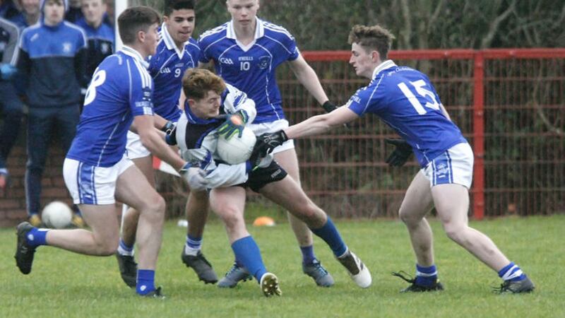 Eoghan Byrne (extreme left) scored three points as a second half substitute in St Colman&rsquo;s, Newry&rsquo;s defeat to St Patrick&rsquo;s, Maghera last time out and could have done enough to earn a start against St Patrick&rsquo;s Academy tomorrow Picture by Jim Dunne
