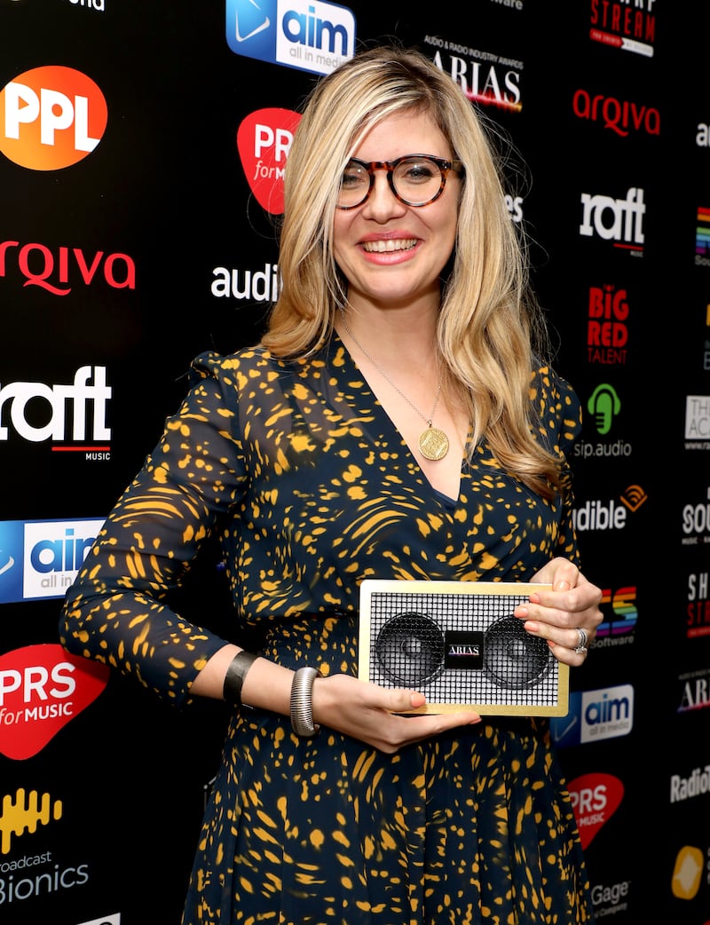 Emma Barnett with her award for best speech presenter in the awards room during the Audio and Radio Industry Awards