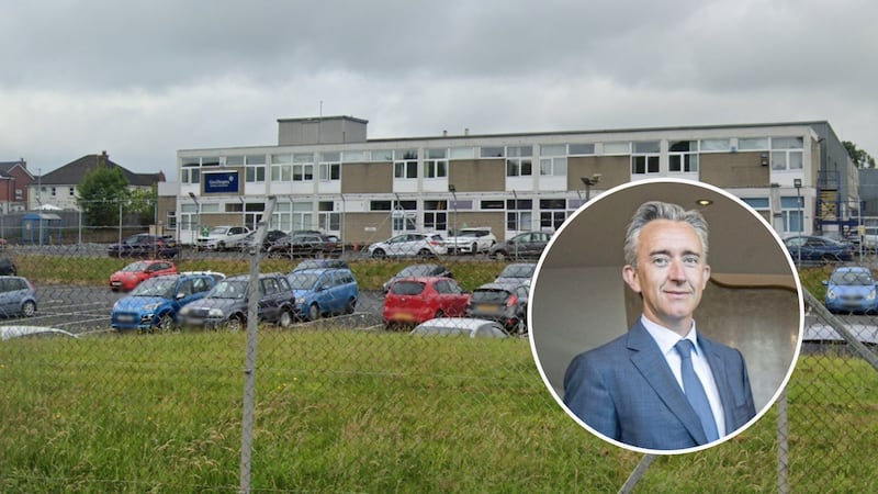 Exterior image looking at Glen Dimplex's factory from the Lurgan Road with the group CEO Fergal Leamy pictured inset.