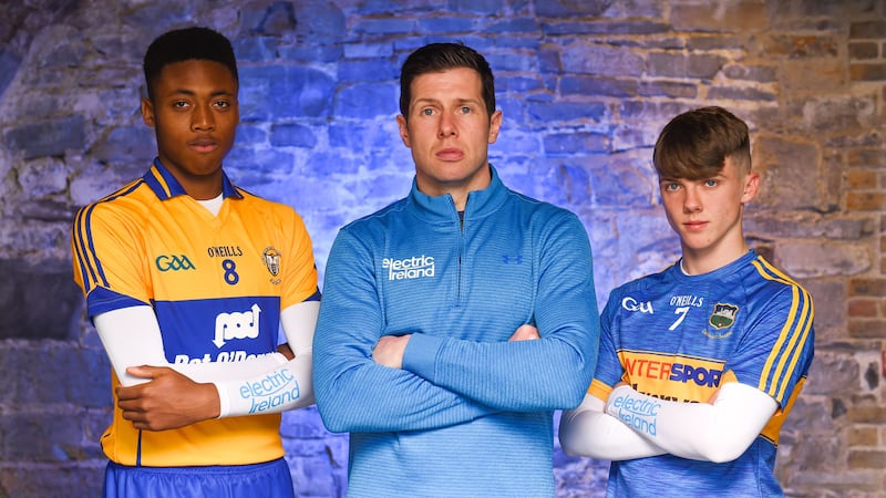 <span style="">Clare minor football player Chiby Okoye (left), Sean Cavanagh (Tyrone) and Tipperary minor hurling player Jonny Ryan are pictured at the launch of Electric Ireland's 'This is Major' campaign to support its sponsorship of the GAA Minor Championships. Four major GAA legends, Sean Cavanagh, Ollie Canning, Michael Fennelly and Daniel Goulding, have teamed up to form the Electric Ireland Minor Star Awards judging panel to shortlist Minor Player of the Week nominations for both hurling and football throughout the Championship. Photo by David Fitzgerald/Sportsfile</span>