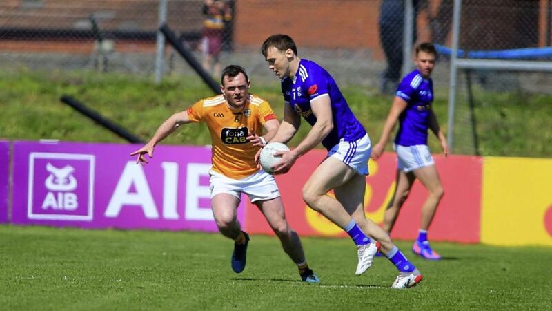 Gearoid McKiernan&#39;s influence grew as game wore on with Antrim&#39;s James Laverty always in arm&#39;s reach of the Cavan man Picture: Seamus Loughran. 