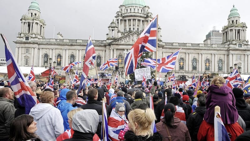 Loyalists protesting in 2012 at Belfast City Hall against a council vote on the union flag 