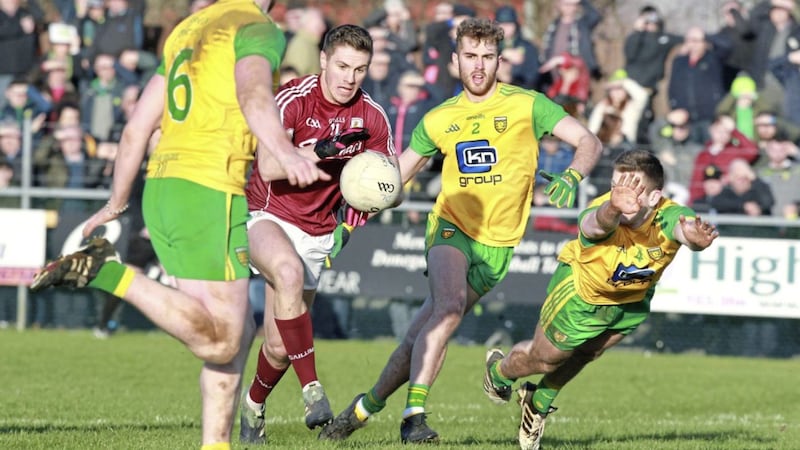 Donegal Leo McLoone, Stephen McMenamin and Eoghan Ban Gallagher pressure Shane Walsh of Galway during a 2018 Allianz Football League match at O&#39;Donnell Park, Letterkenny. Picture by Margaret McLaughlin. 