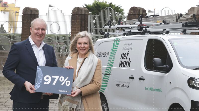 Garret Kavanagh, Director at Openreach and Suzanne Wylie, Chief Executive, Northern Ireland Chamber of Commerce and Industry (NI Chamber) announce a major investment in broadband infrastructure that will connect 97% of communities across NI (Kelvin Boyes)